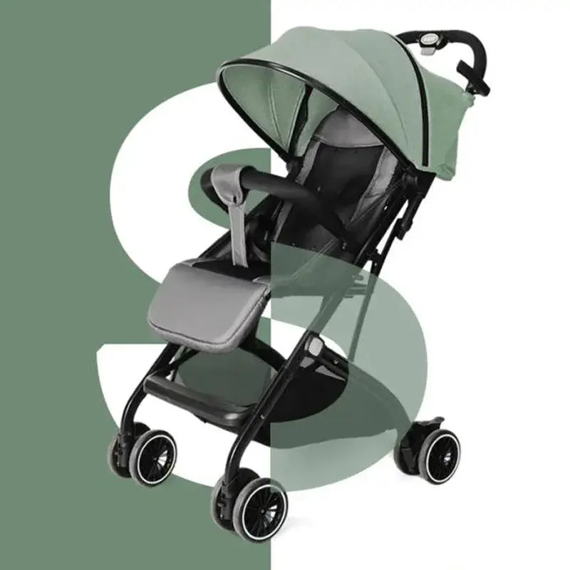 Portable foldable baby stroller in green, designed for children ages 0-3 years, compact and travel-friendly.