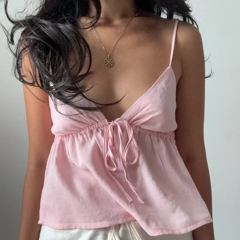 Off Shoulder V‑Neck Pink Crop Tank Top