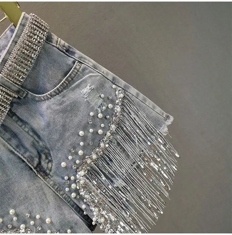 GlamBeads™ – Beaded Sequin Denim Shorts (Fringed, Broken Copper Style)