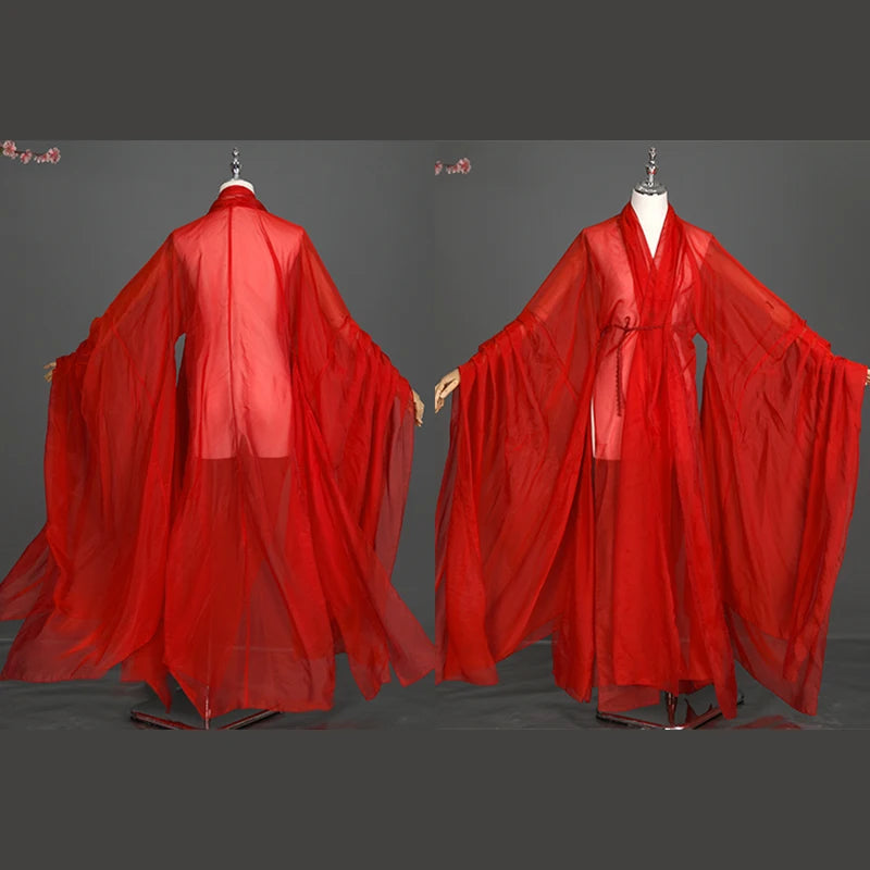Women’s Classical Hanfu costume in vibrant red, featuring flowing sleeves perfect for stage performances and cultural events.