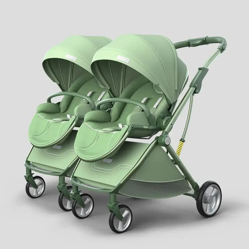 Twin baby stroller in stylish green, foldable design with aluminum frame, suitable for ages 0-6 years, holds over 20KG.