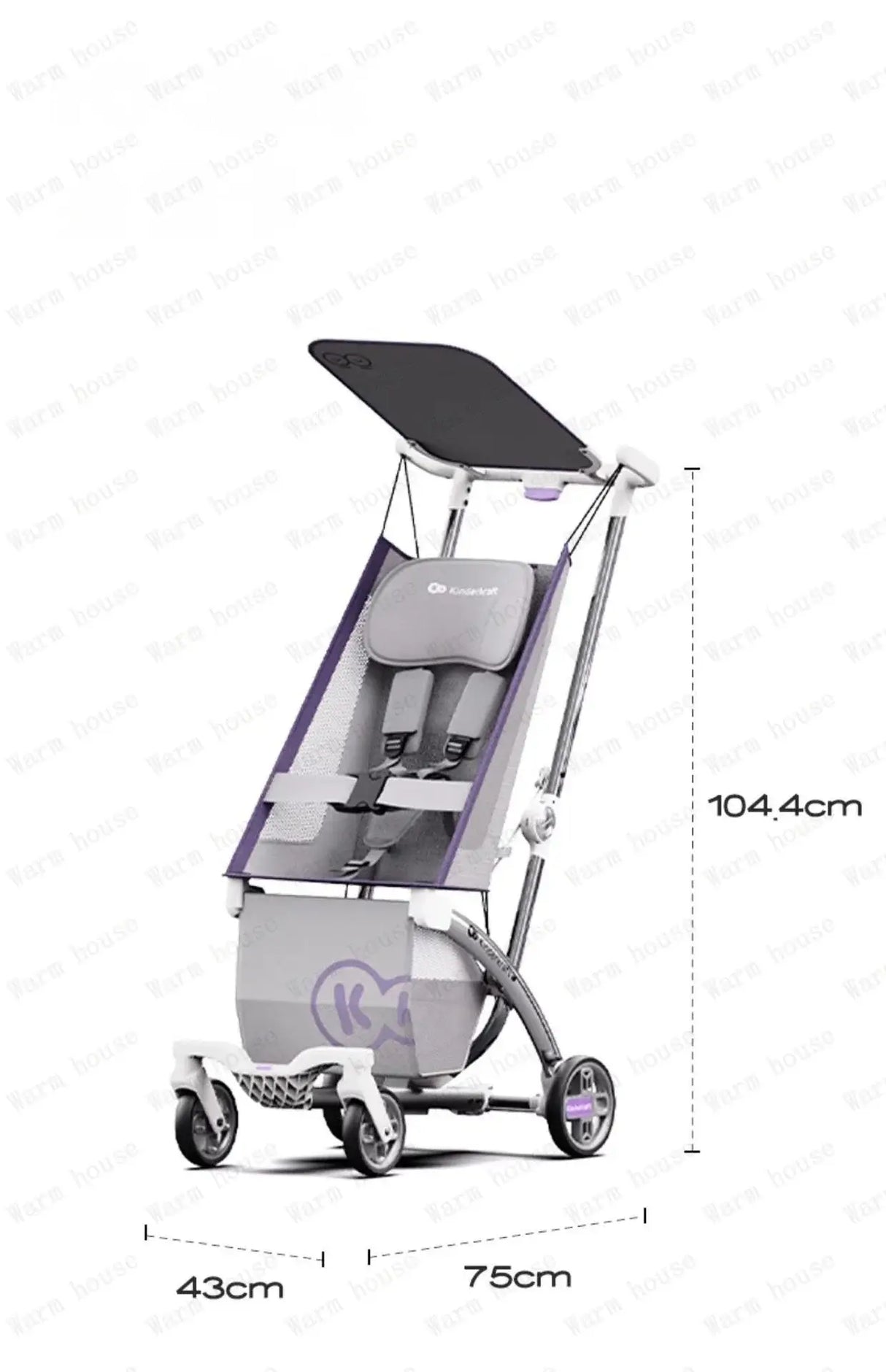 Lightweight foldable children's stroller dimensions 43cm width, 75cm length, 104.4cm height, perfect for ages 0-3.