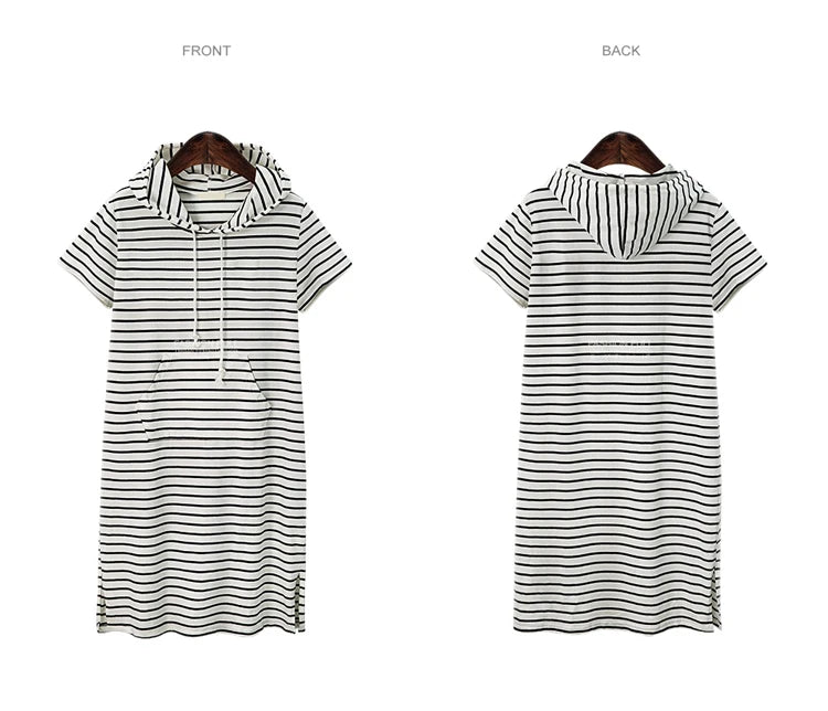 Striped pleated maternity dress in pink with hood, showcasing front and back views, designed for summer wear.