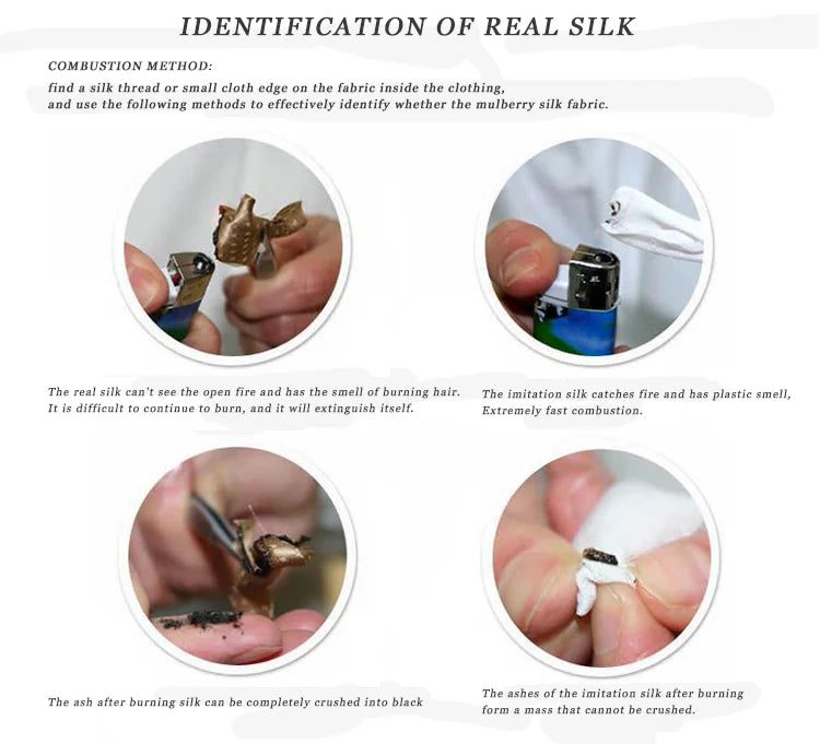 Guide to identifying real silk through combustion methods and visual characteristics.