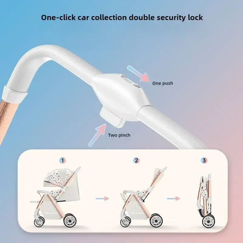 One-click double security lock system for lightweight baby stroller with three-step folding process.