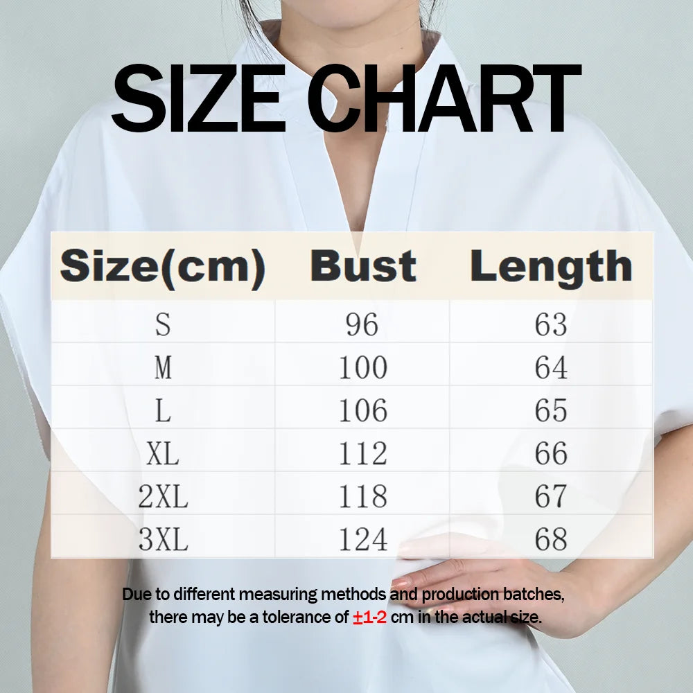 Size chart for ViviCharm™ V-Neck Flare Sleeve Blouse with measurements for S to 3XL.
