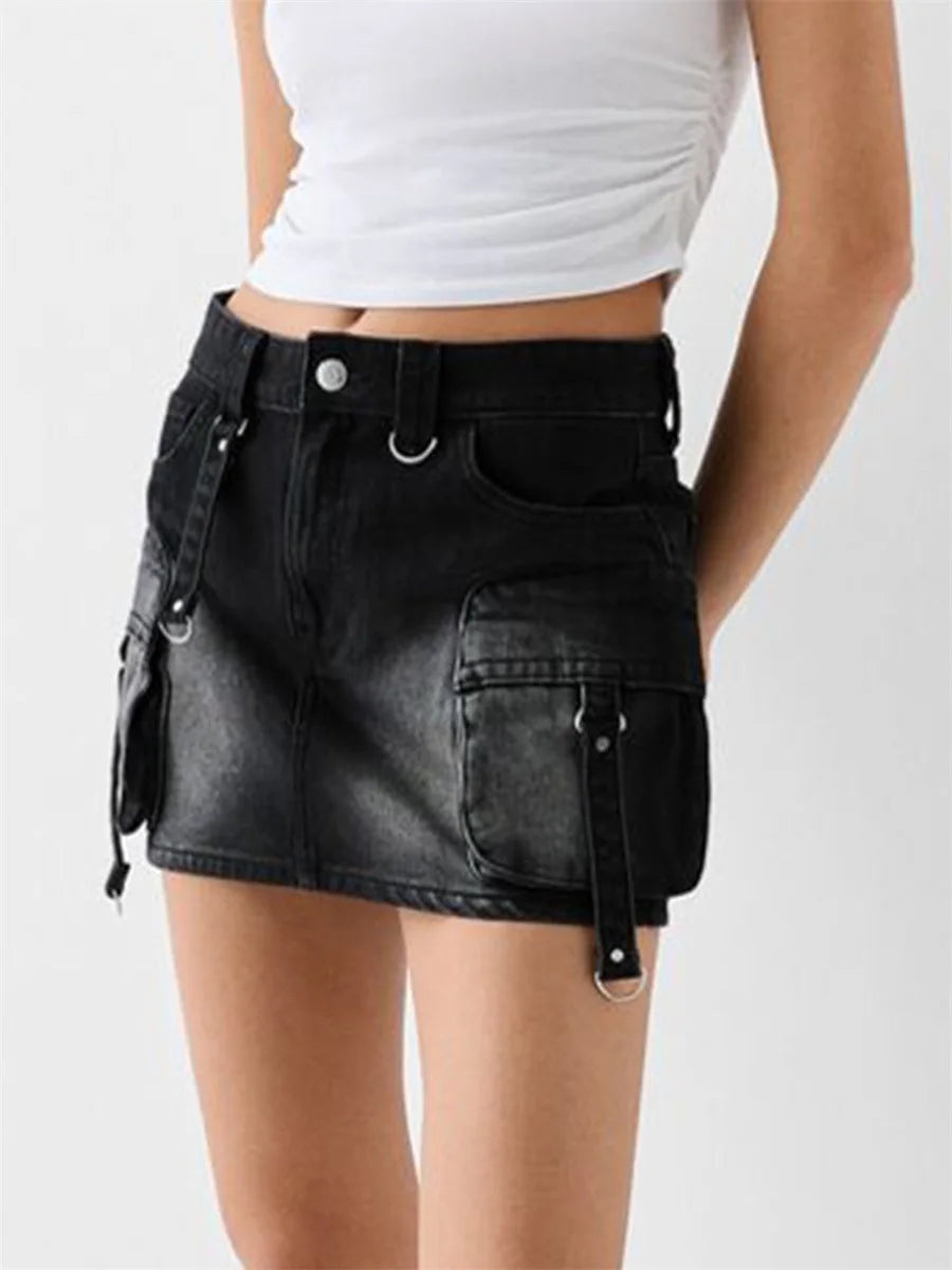 Women Denim Cargo Mini Skirt