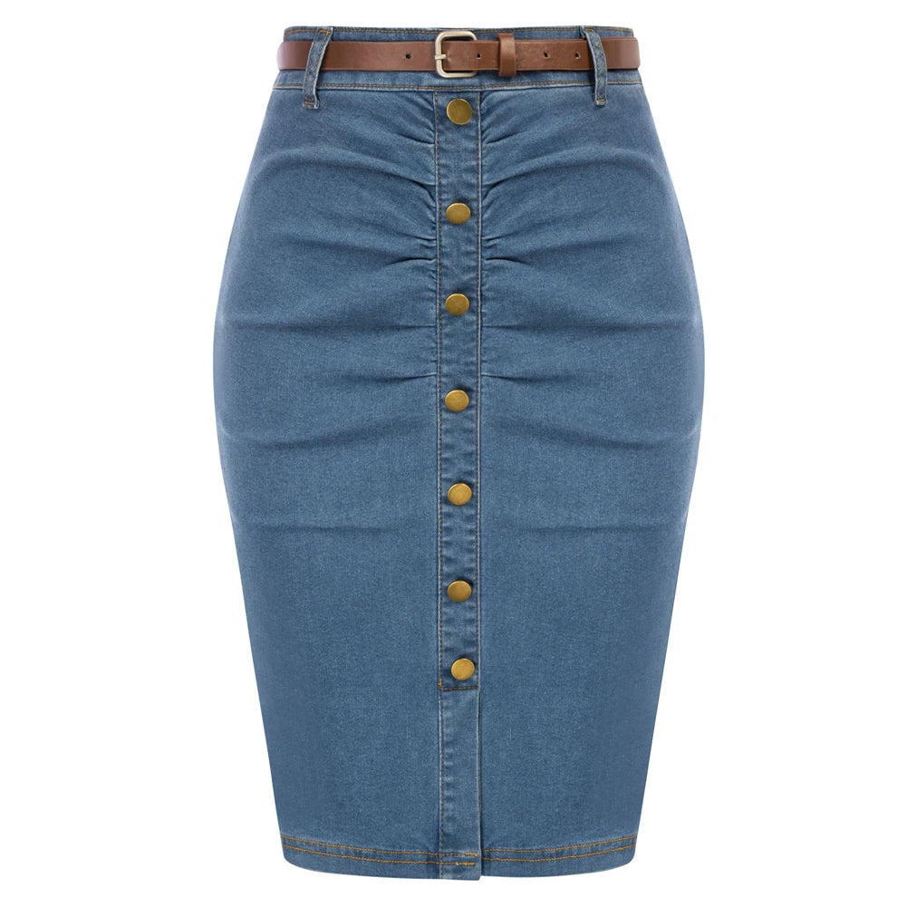 BuckleCurve™ – Ruched Belt Bodycon Skirt (High Waist Retro Denim)