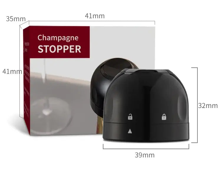 Black champagne stopper with dimensions, designed to seal open bottles, showcased with packaging.