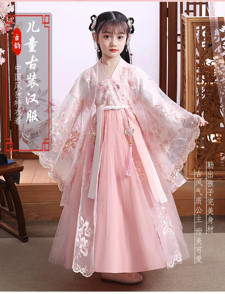 Modern Fairy Hanfu dress for girls, featuring delicate floral patterns and elegant flowy sleeves, perfect for cosplay.