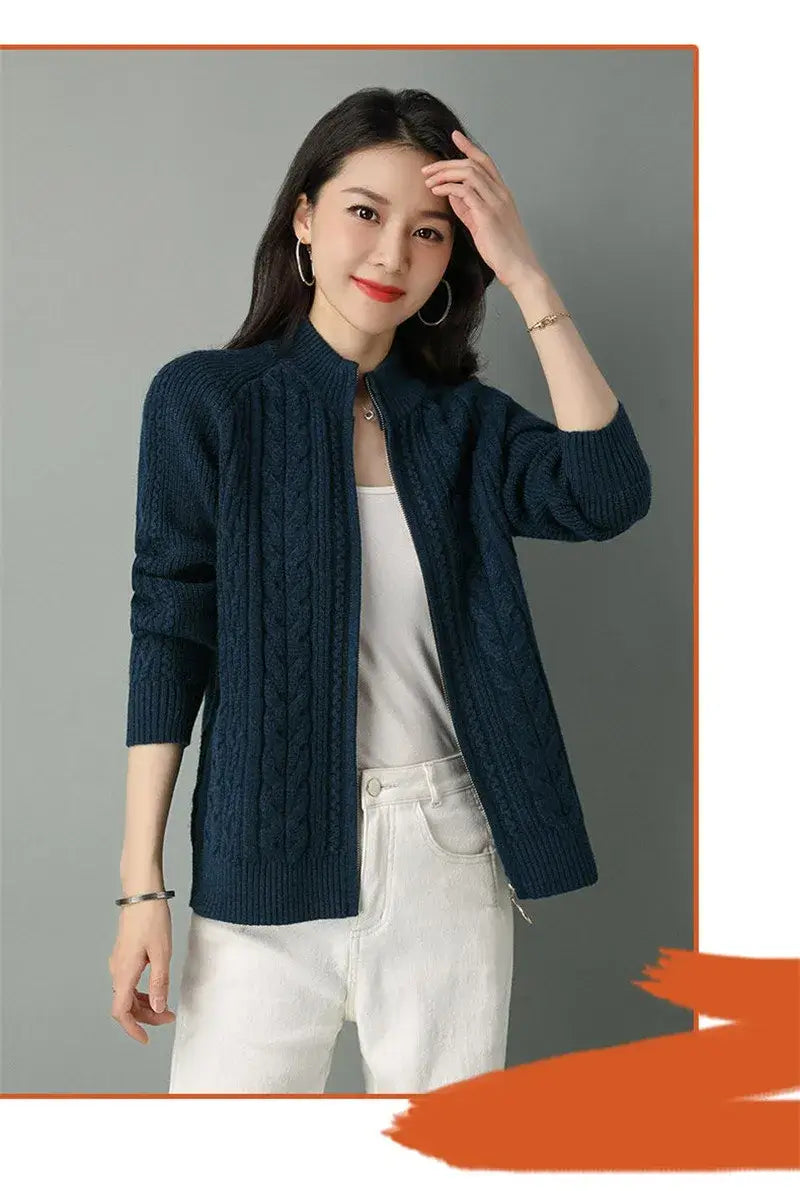 Women Zipper High Collar Knit Cardigan