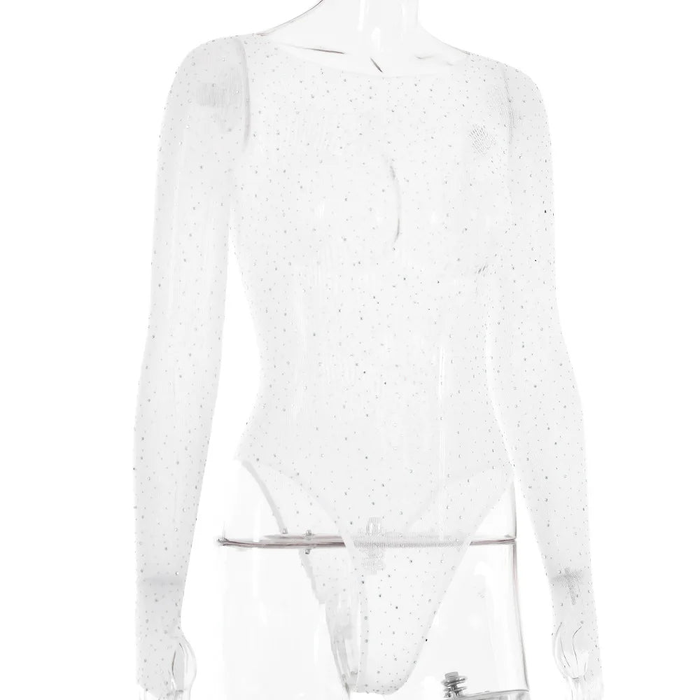 Women's Knitted Rhinestone Long Sleeve Bodysuit – Sexy Y2K Outfit