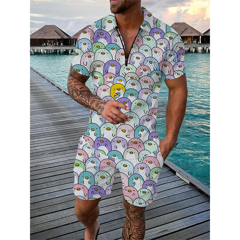 Men's 3D Print Polo & Shorts Set