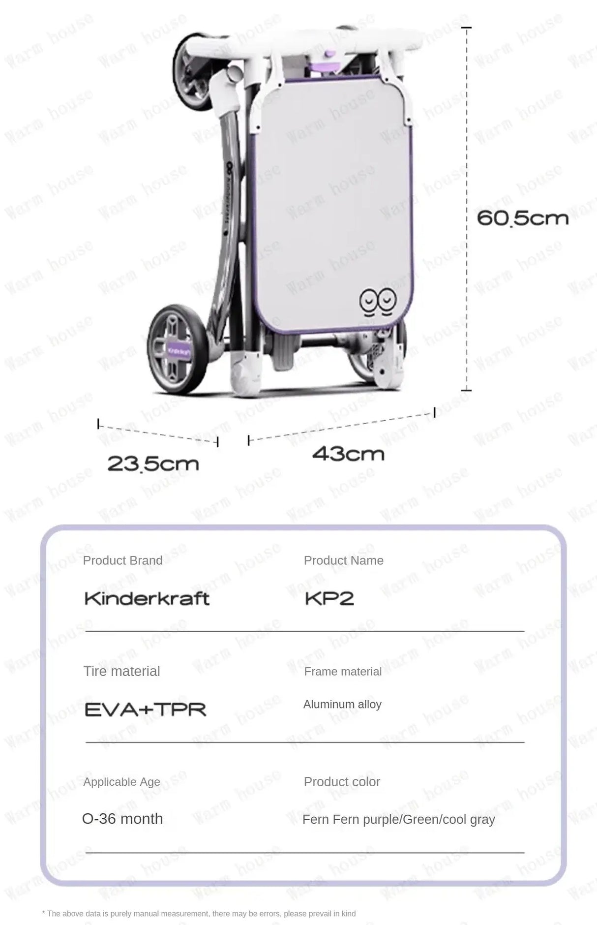 Lightweight foldable stroller dimensions and specifications for ages 0-36 months.