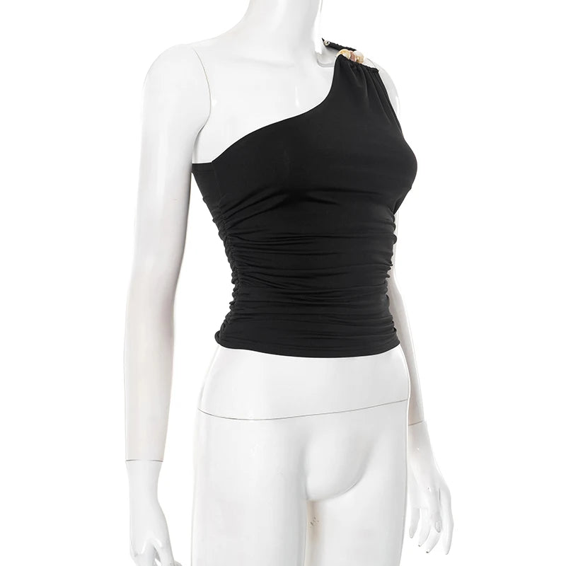 One-Shoulder Beaded Ruched Tank Top