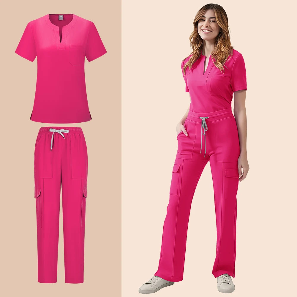 Women’s pink medical scrub set featuring pocket top and pants, ideal for nurses and healthcare professionals.