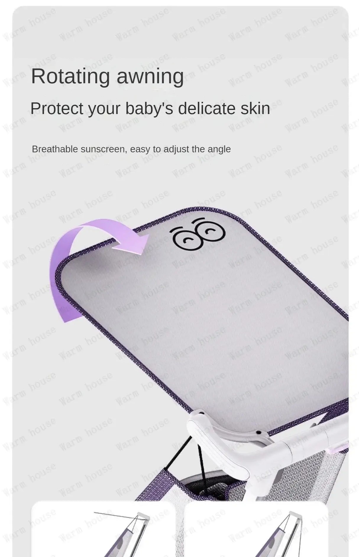 Rotating awning on children's stroller designed to protect baby's skin with adjustable breathable sunscreen.