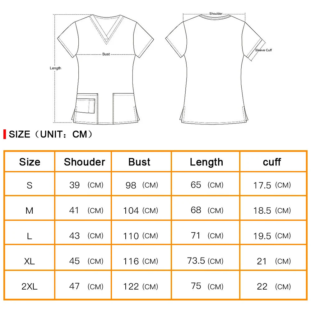 Size chart for Women's Hospital Nurse Scrubs in various sizes including S, M, L, XL, and 2XL.