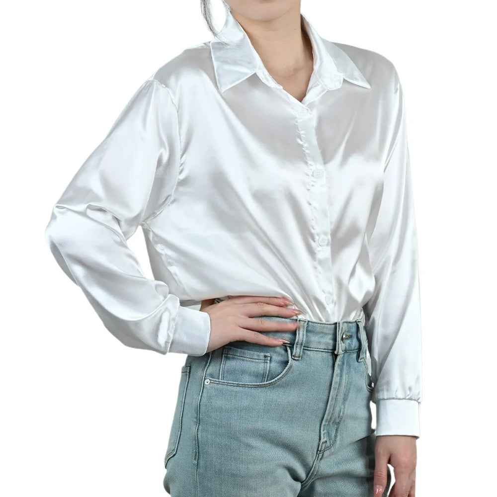 SilkAura™ Imitation Silk Blouse in white, loose fit, perfect for spring/summer business casual style.