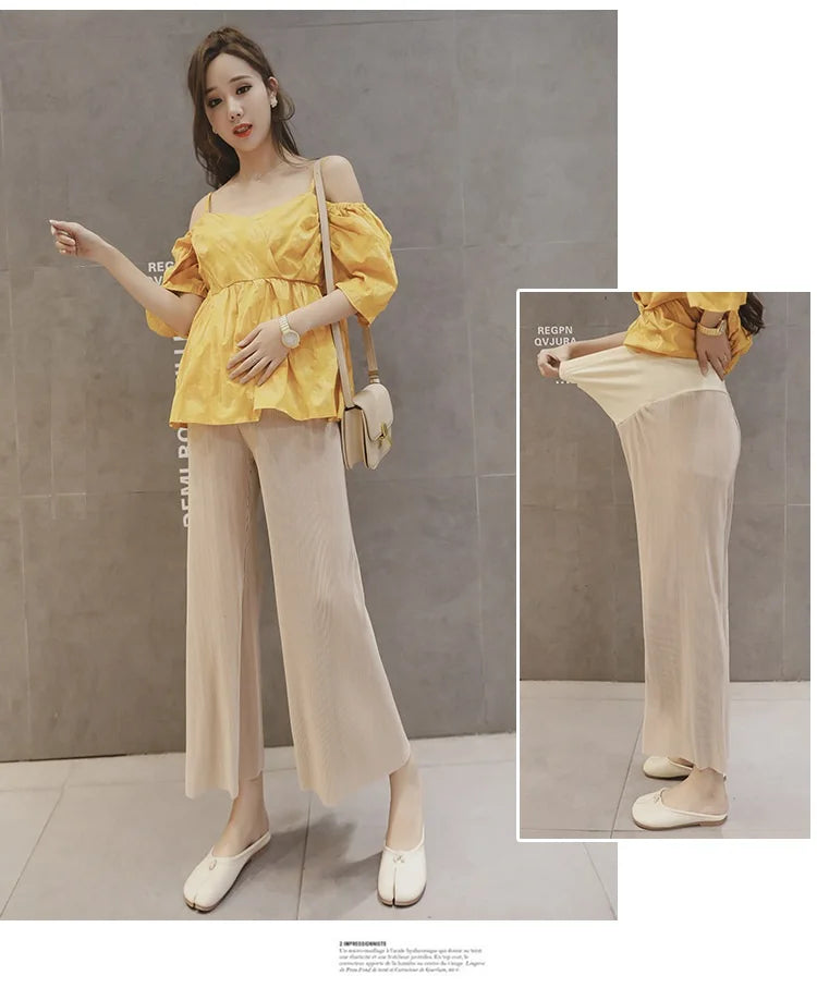 Breathable adjustable waist maternity pants showcased in natural color, perfect for summer, featuring a wide leg design.