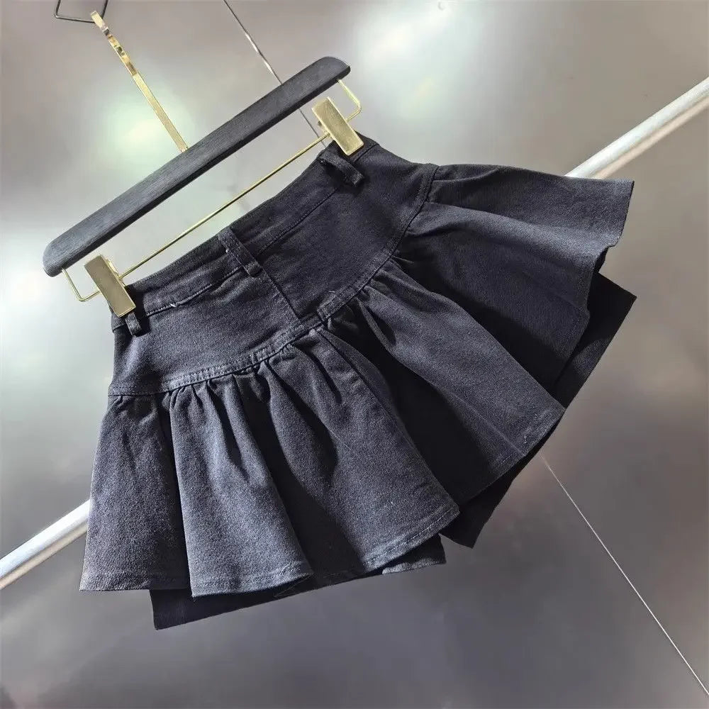 PuffyBelt™ – Puffy Layered Denim Skirt (Black A-line, High Waist)