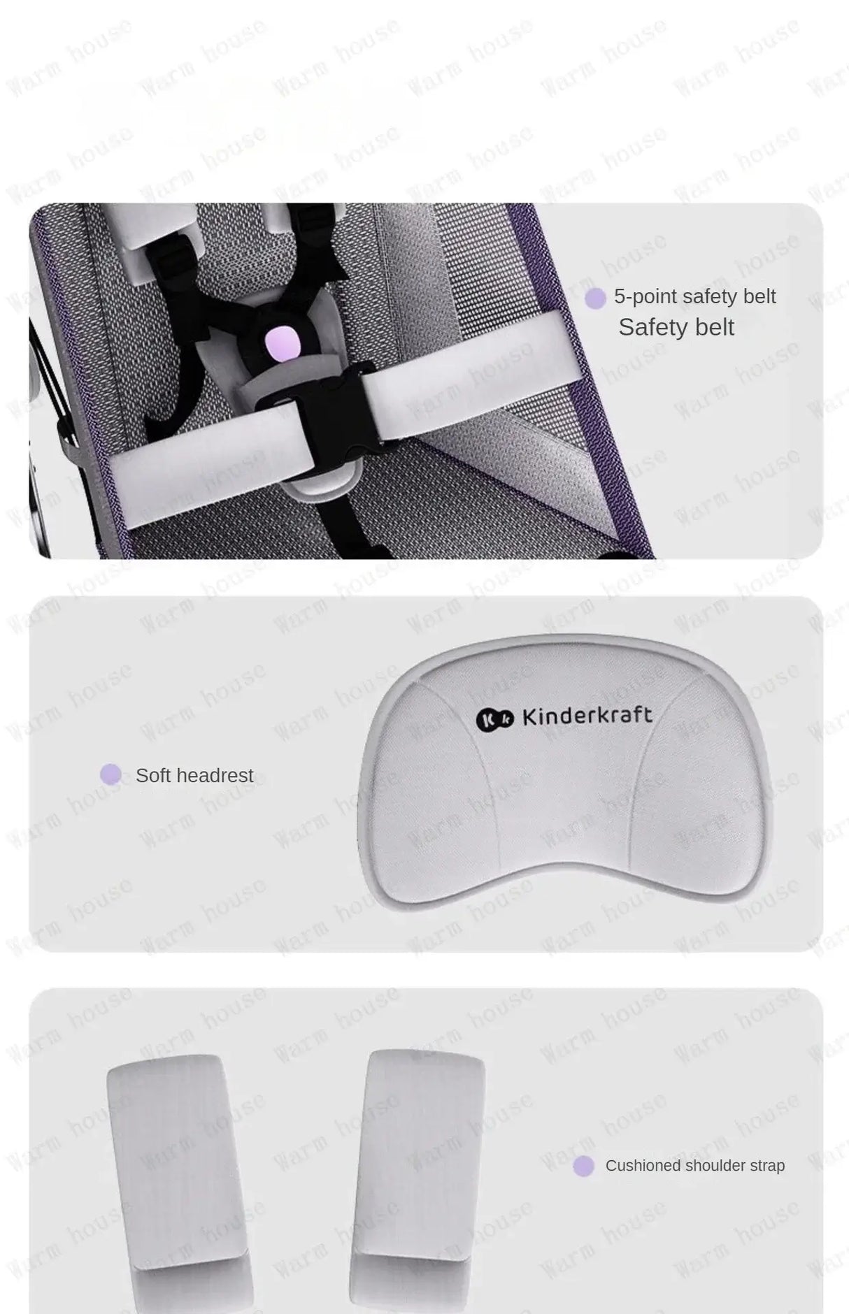 Image showing 5-point safety belt, soft headrest, and cushioned shoulder strap for toddler stroller safety.