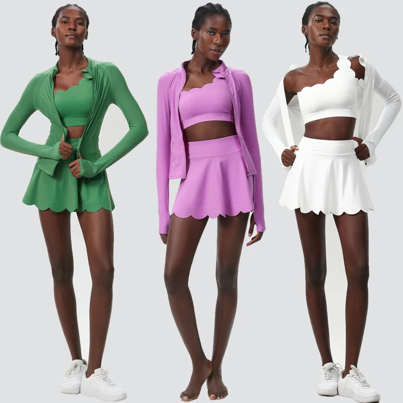 طقم تنورة تنس لياقة بدنية للنساء مكون من 3 قطع