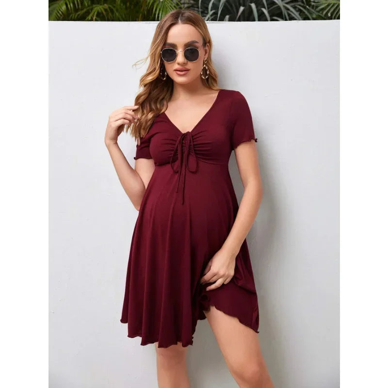Pure Color V-Neck Maternity Dress in burgundy, knee-length, ideal for summer, perfect fit for plus size women.
