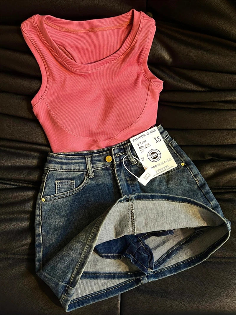 شورت جينز بتنورة قصيرة على شكل حرف A من 90sRider™ (نمط كلاسيكي أزرق Y2K)