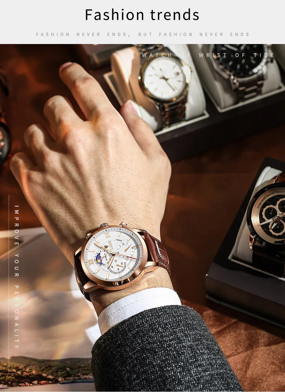 LIGE Men’s Leather Quartz Sports Watch