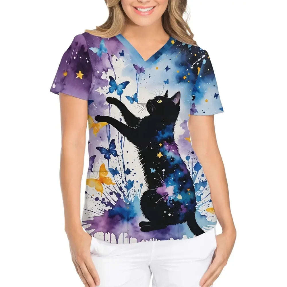 Cartoon cat print vet scrubs featuring a colorful cat silhouette with butterflies, ideal for women nurses.