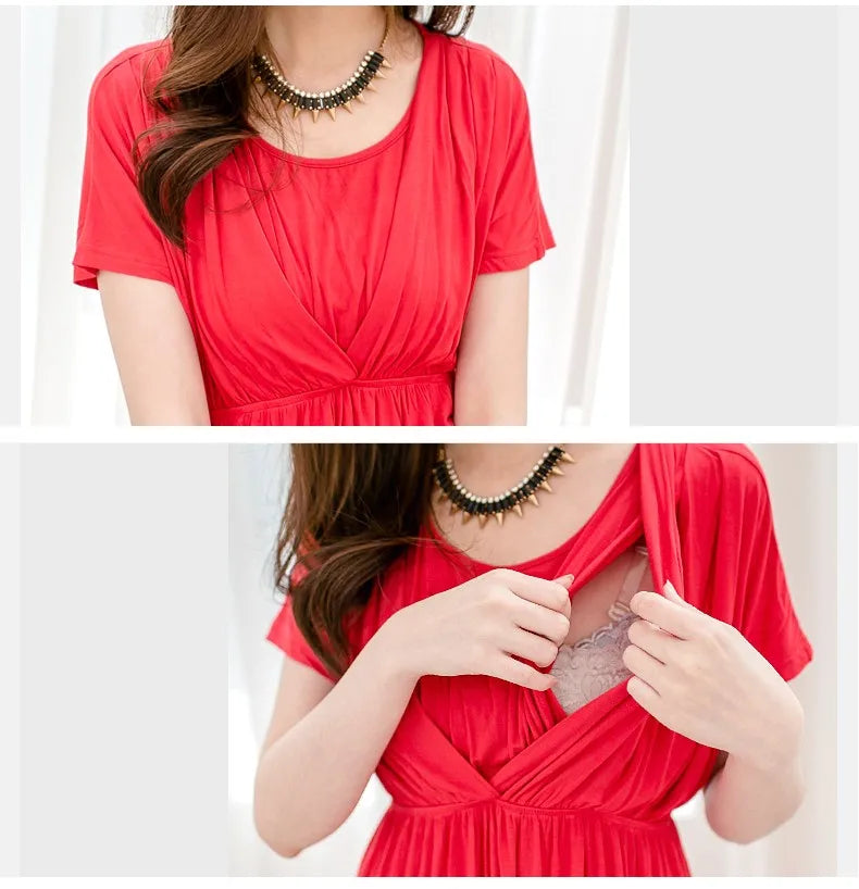 Red soft fabric nursing maternity dress with v-neck and breastfeeding feature, styled with a statement necklace.