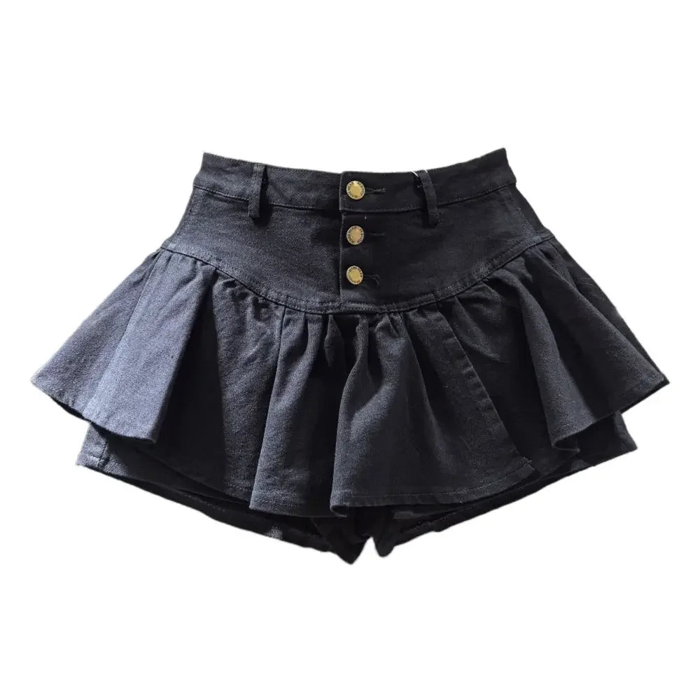 PuffyBelt™ – Puffy Layered Denim Skirt (Black A-line, High Waist)