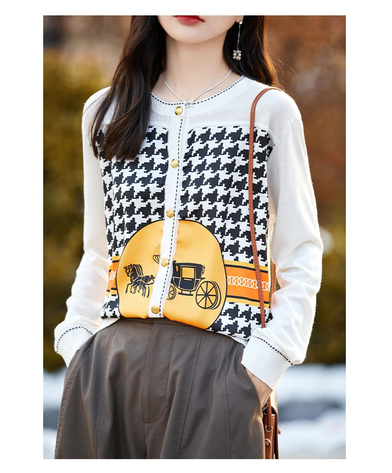 Women's Printed Stitching Wool Cardigan