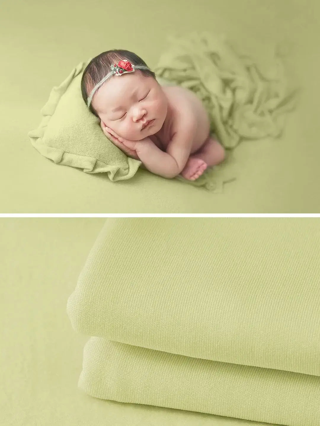 Newborn baby sleeping on soft wrap blanket, showcasing cozy texture and gentle color for photography.