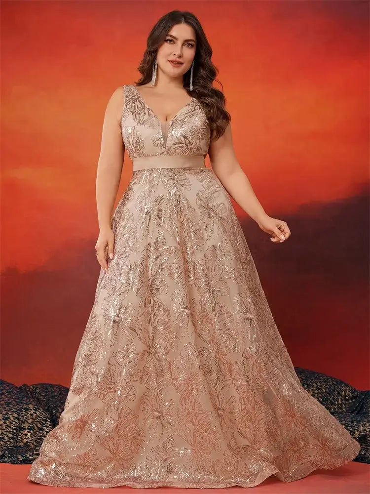 فستان سهرة كوكتيل بظهر على شكل حرف V مزين بالترتر للنساء بمقاسات كبيرة