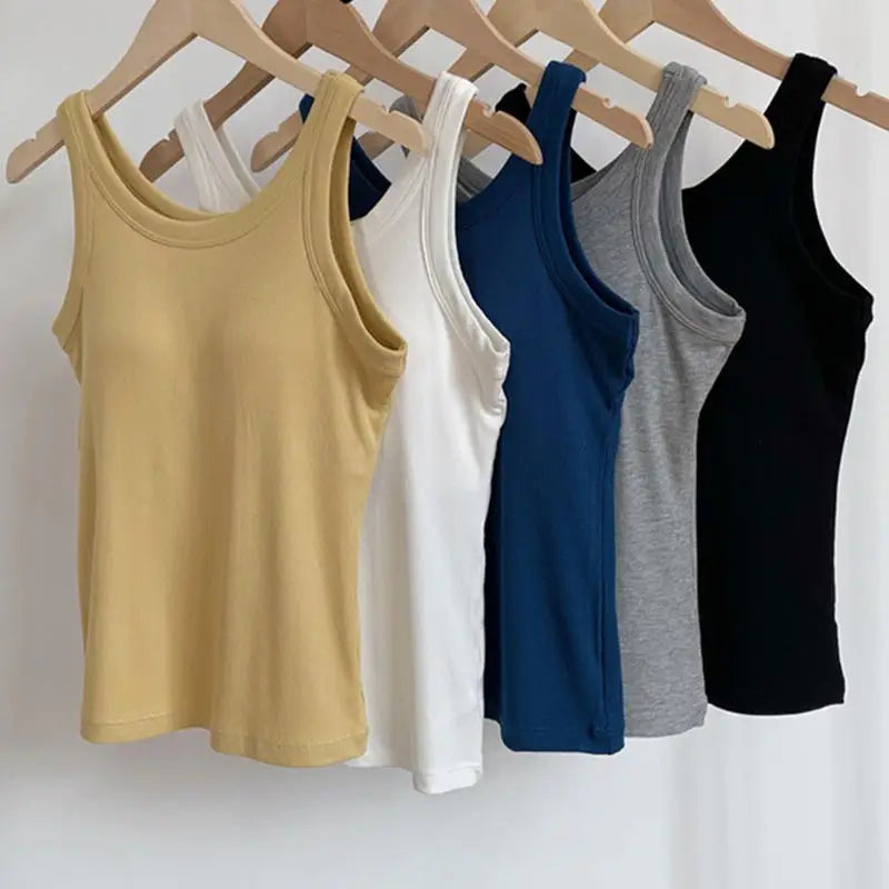SlimCotz™ padded cotton spaghetti camis in yellow, white, navy, grey, and black – breathable summer vests for women.