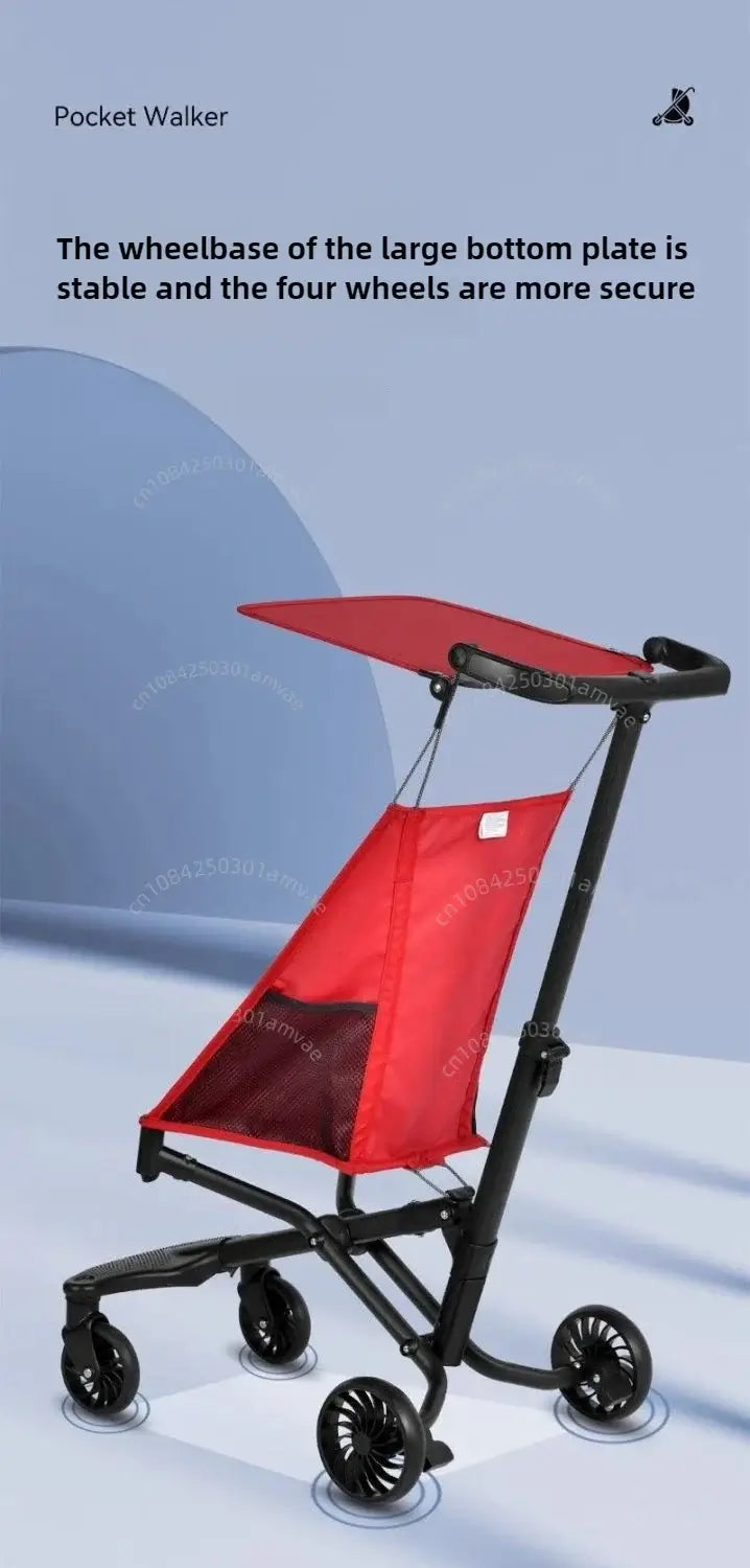 Lightweight pocket walker in red with stable wheelbase and secure four-wheel design.