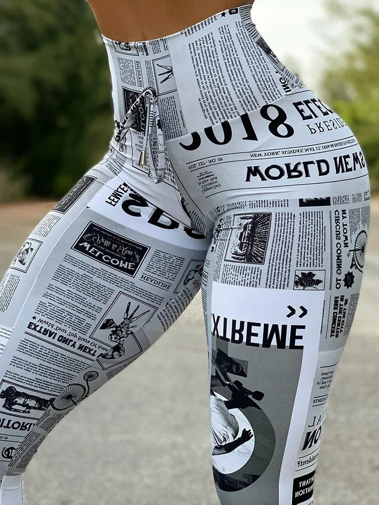 Women Newspaper Print Lifting Pants