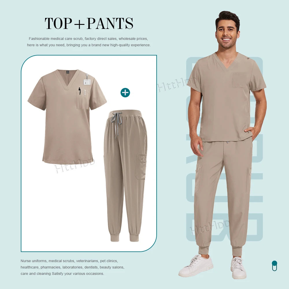 Unisex nurse surgical scrub suit jogger set in beige, featuring breathable fabric and pockets, ideal for medical and salon professionals.