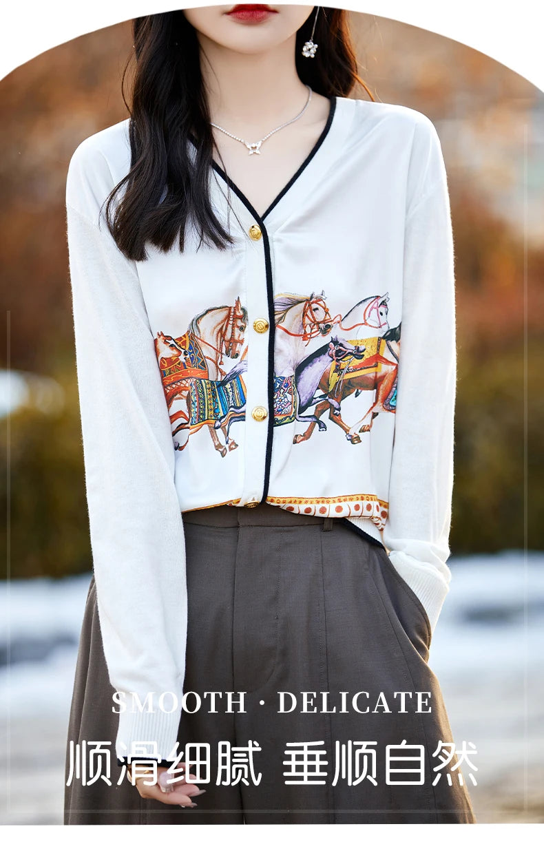 Women's Printed Stitching Wool Cardigan