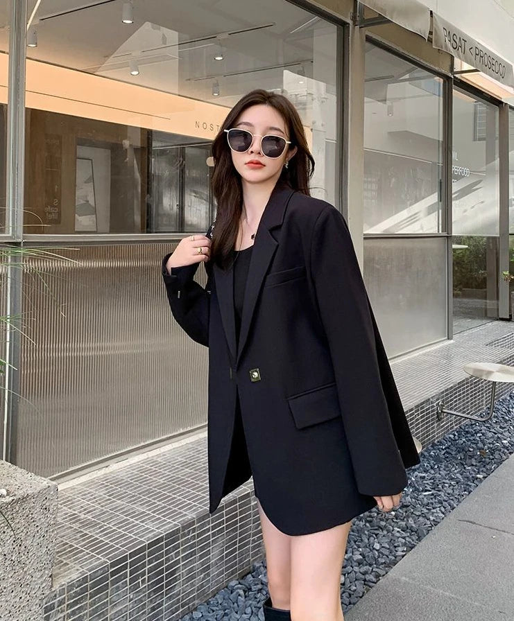 DrapeForm™ – Longline Loose Blazer (Youthful Black Jacket, Layered Elegance)
