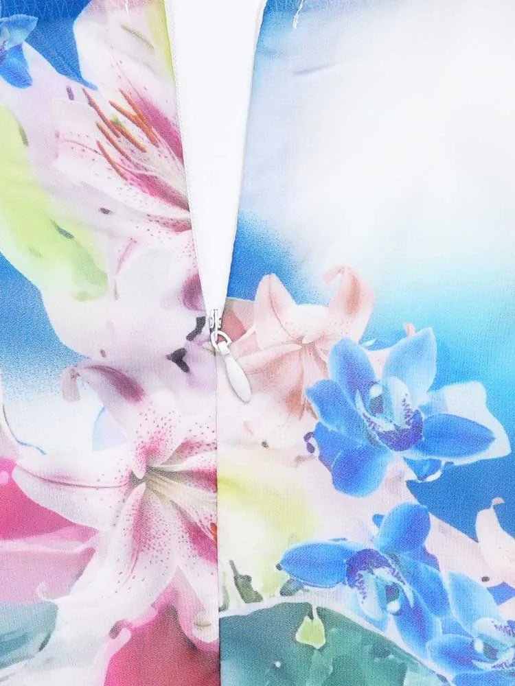 فستان نسائي من الشيفون المطبوع بفتحة رقبة على شكل حرف V