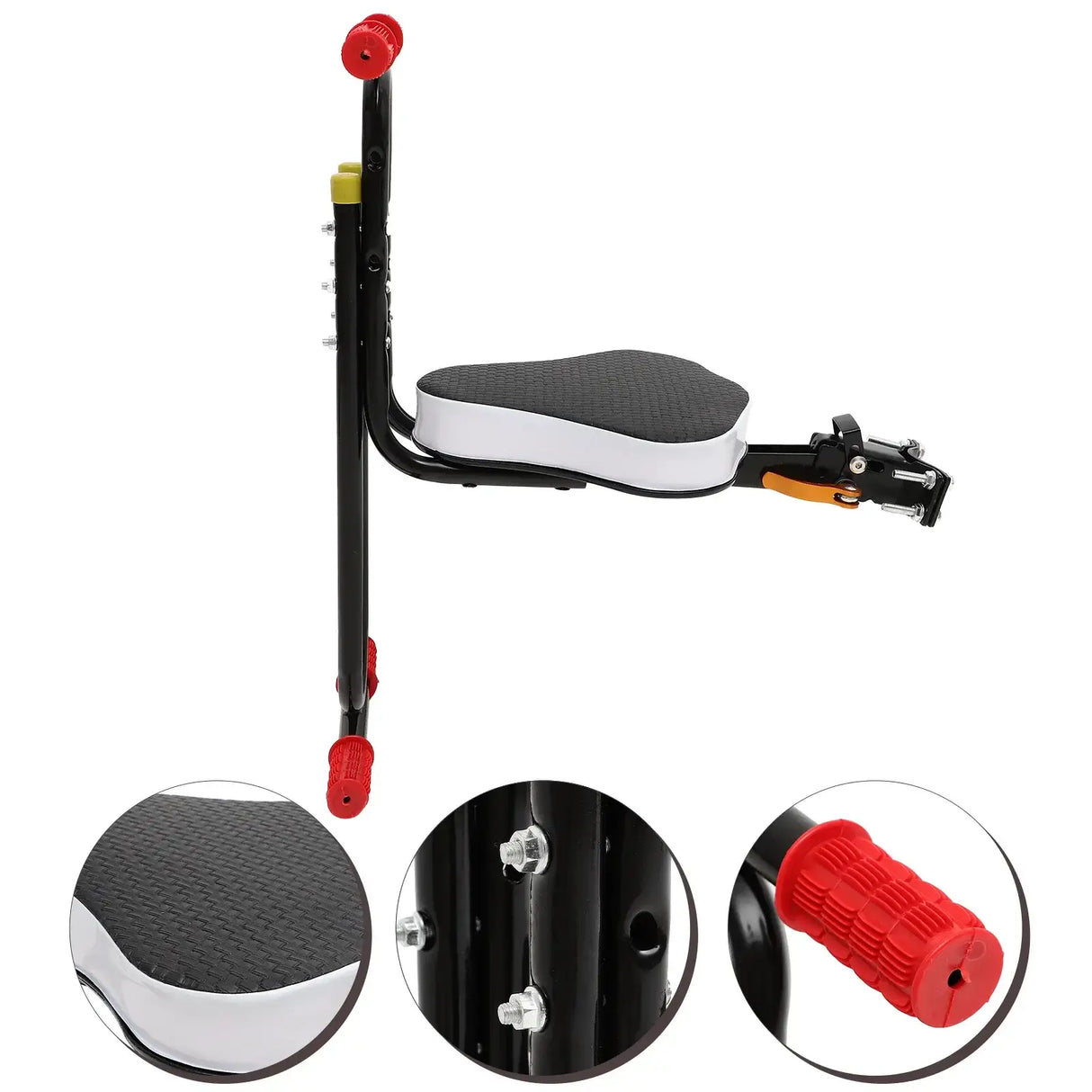 Kids electric bike saddle seat with backrest and adjustable grips, designed for comfort and safety.