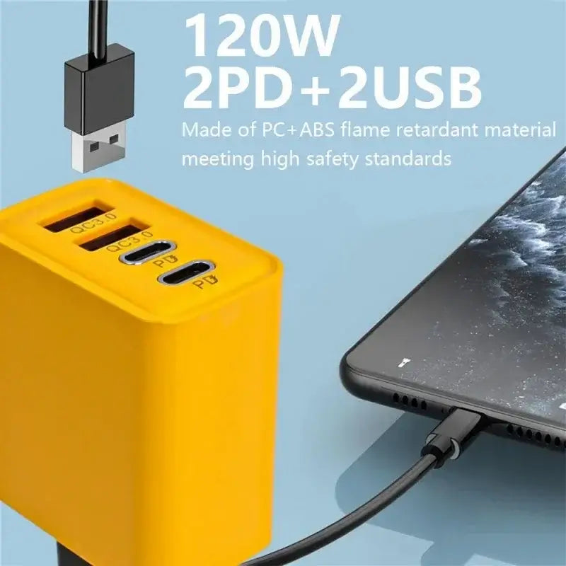 120W USB Type C fast charger with two USB ports, made of flame retardant material, safe charging for devices.