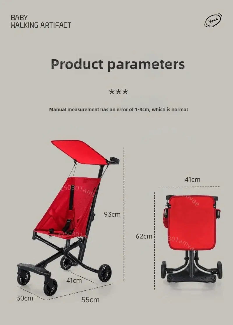 Lightweight baby stroller with red fabric, showcasing product parameters and dimensions in a simple design.