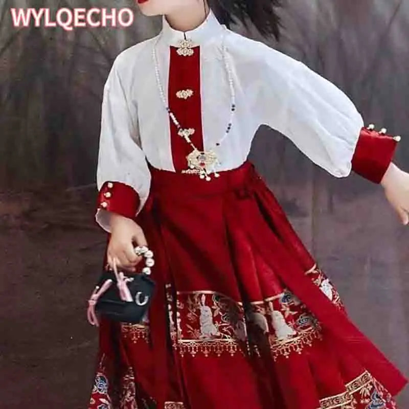 Summer Hanfu girls dress featuring embroidered skirt, elegant design with a stylish top, perfect for girls' traditional wear.