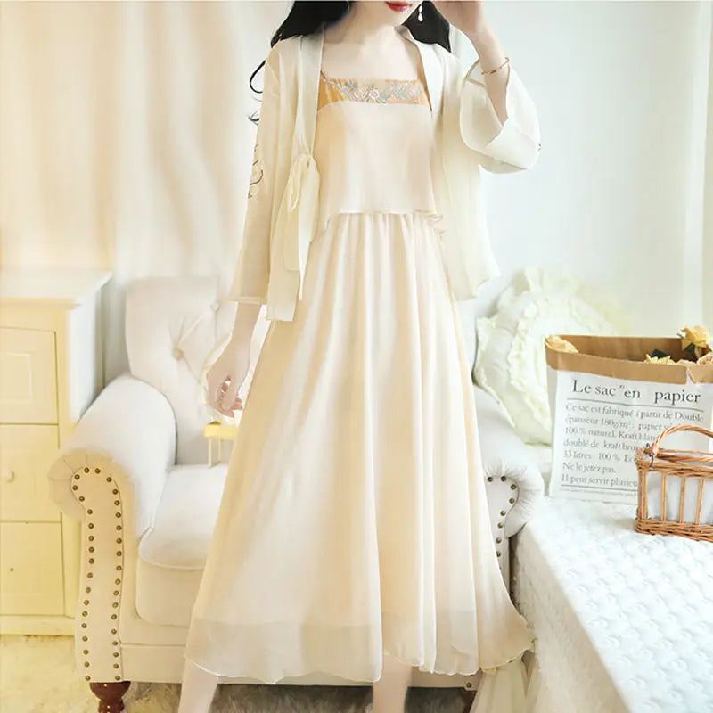 Floral 2-Piece Hanfu summer dress in cream color, featuring a flowy design and elegant styling for women.