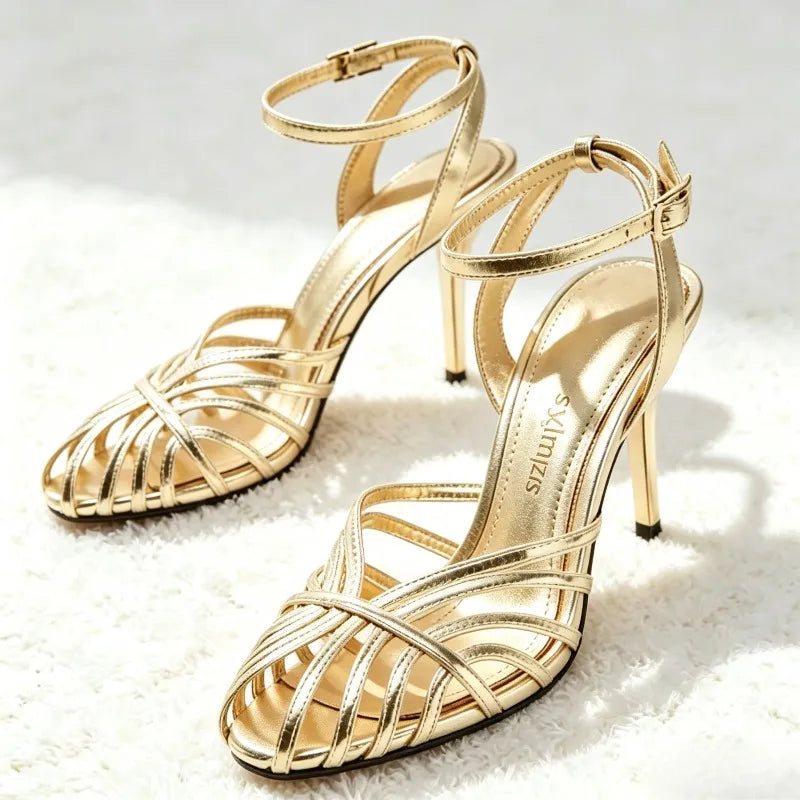 Women’s Gold High Heel Ankle Strap Sandals