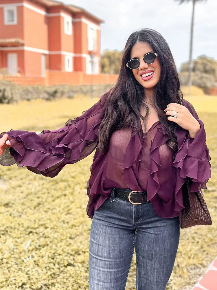 Rufflynn™ – Translucent Ruffle Blouse (V-Neck, Hollow-Out Chic for Spring/Summer)